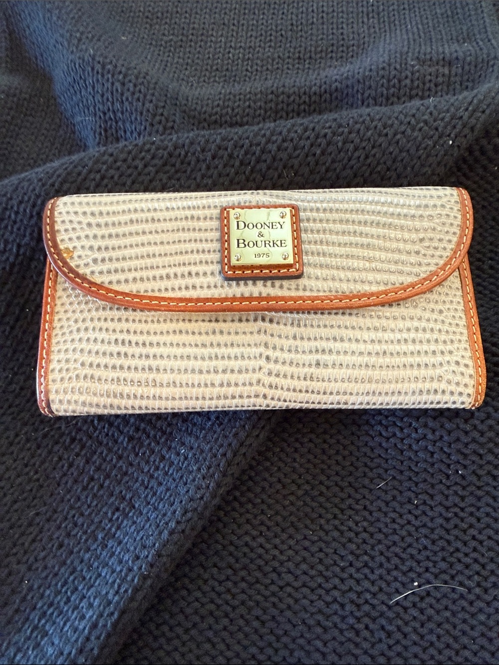 Dooney & Bourke Beige Woven Continental Wallet with Brown Trim and Brass Plaque